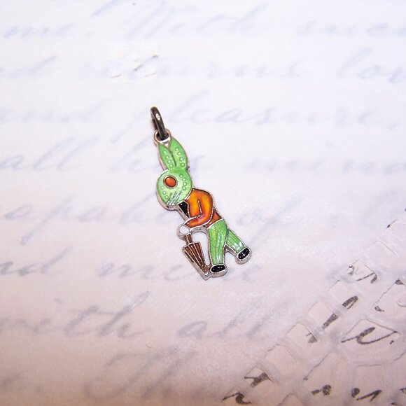 Vintage WELLS Sterling Silver Enamel Charm - Walking Rabbit with Umbrella - Picture 2 of 4